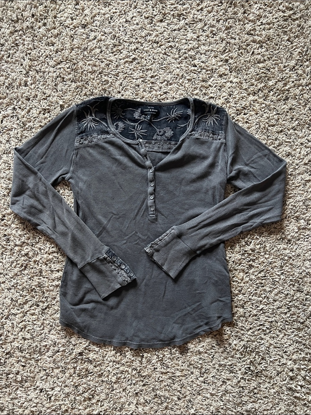 Lucky Brand Charcoal Lace-Yoke Henley Long Sleeve Top